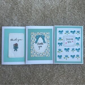 Set of Three Handmade Thank You Cards with Blue and Green Designs
